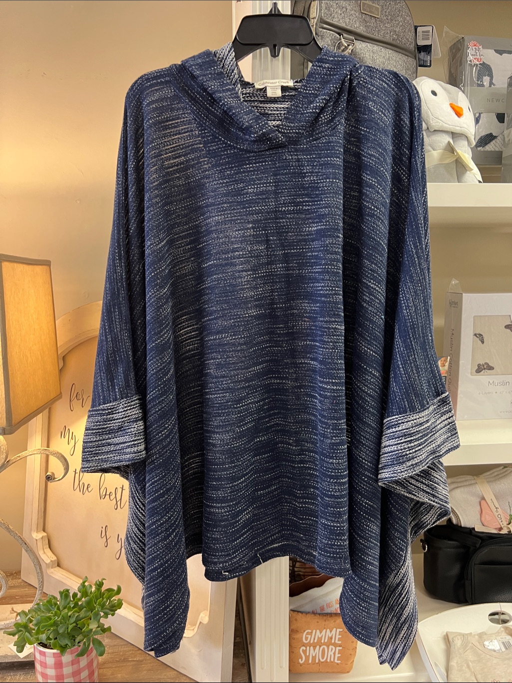 Coldwater Creek Navy Heathered Hooded Poncho Top
